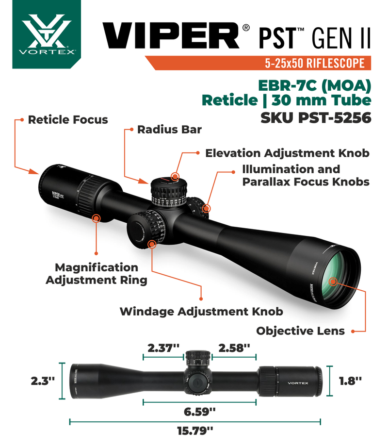 Vortex Optics Viper PST Gen II 5-25x50 FFP Riflescope EBR-7C with Rings