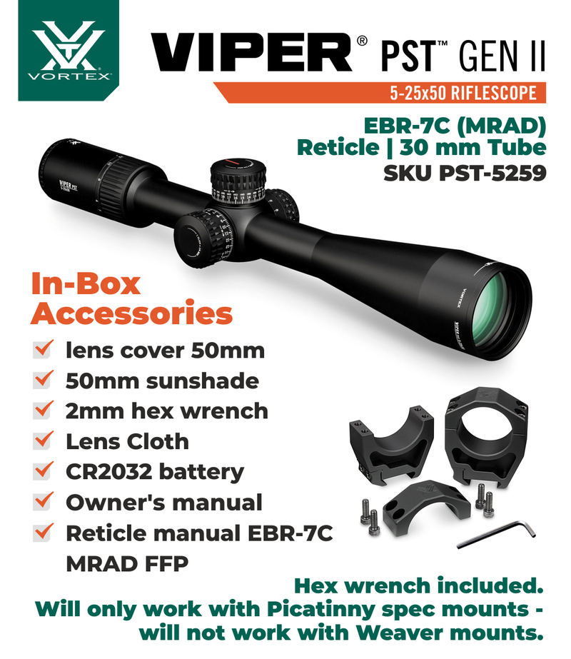 Vortex Optics Viper PST Gen II 5-25x50 FFP Riflescope EBR-7C with Rings