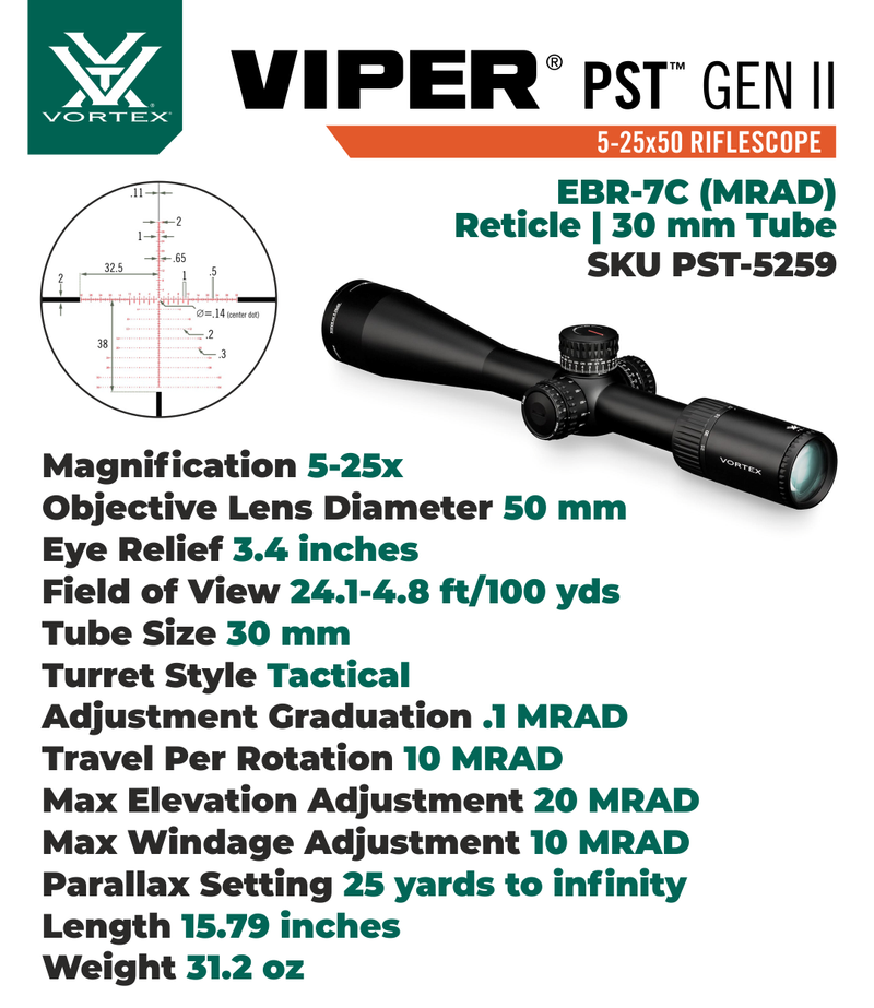 Vortex Optics Viper PST Gen II 5-25x50 FFP Riflescope EBR-7C with Rings