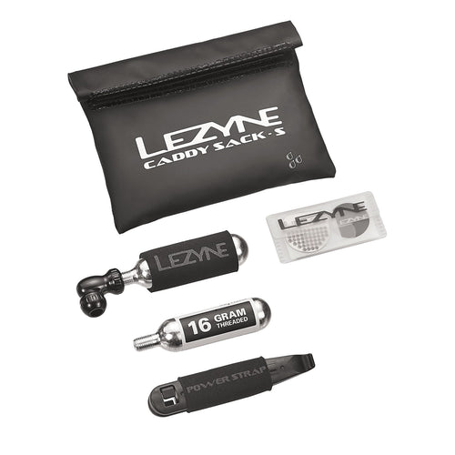 LEZYNE Bicycle Caddy Kit - Includes Durable Reusable Pouch, Twin Speed C02 Inflator, Two Threaded 16g C02 Cartridges, Power Tire Levers
