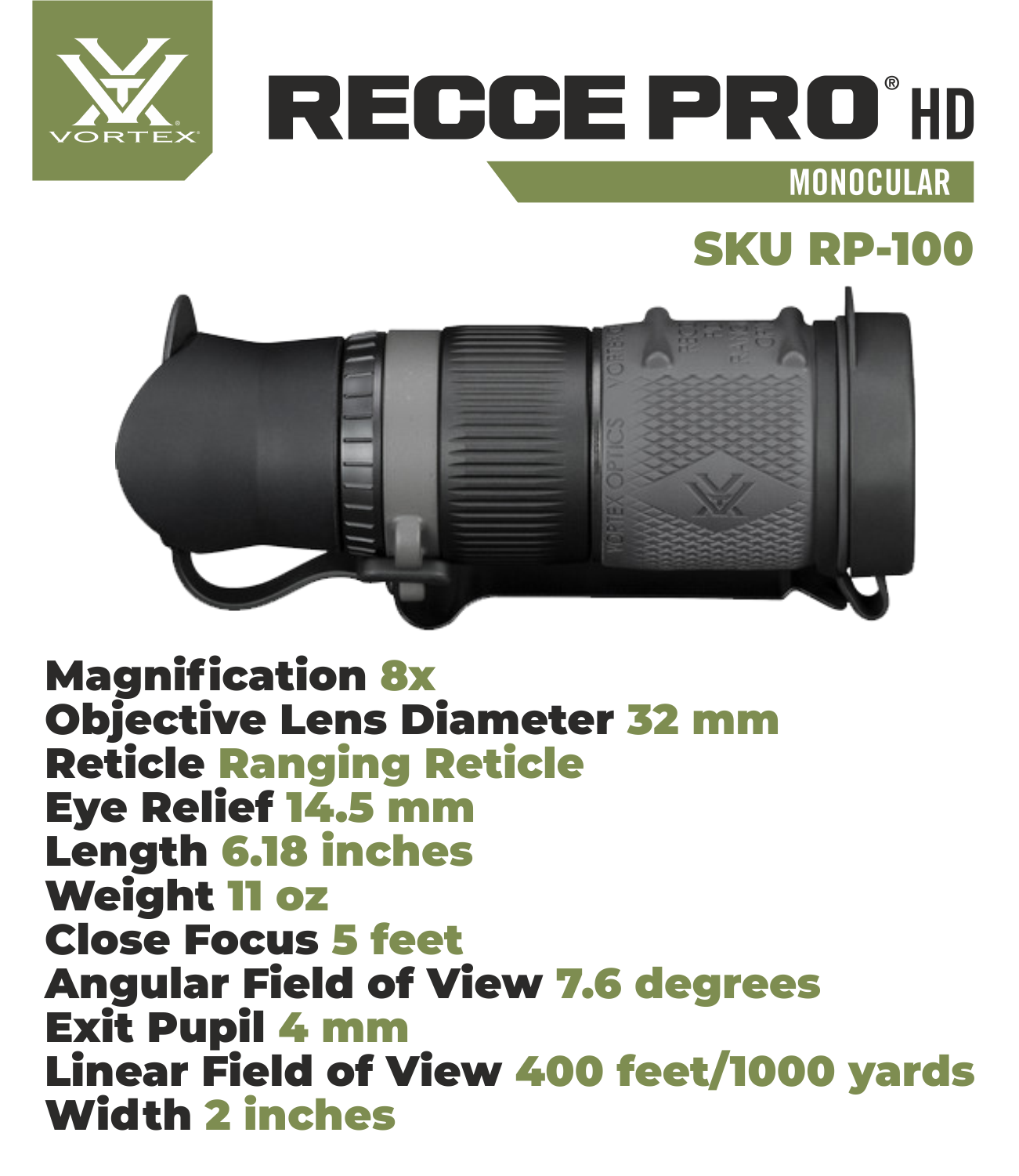Vortex RECCE PRO HD 8x32 Ranging Ret Monocular with Free Hat Vortex RECCE PRO HD 8x32 Ranging Ret Monocular with Free Hat