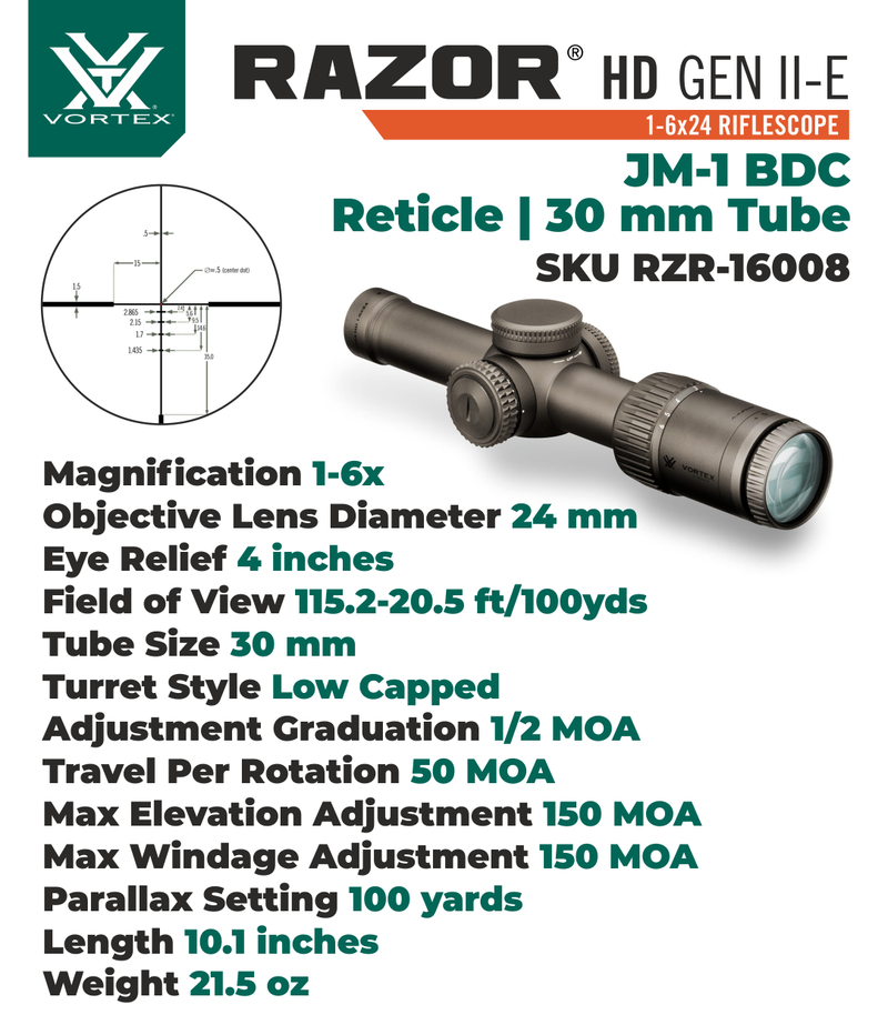 Vortex Optics Razor HD Gen II-E 1-6x24 Riflescope JM-1 BDC Reticle, 30 mm Tube with Rings