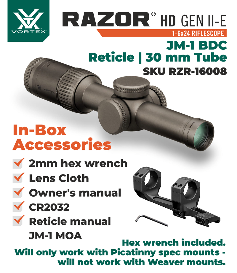 Vortex Optics Razor HD Gen II-E 1-6x24 Riflescope JM-1 BDC Reticle, 30 mm Tube with Rings