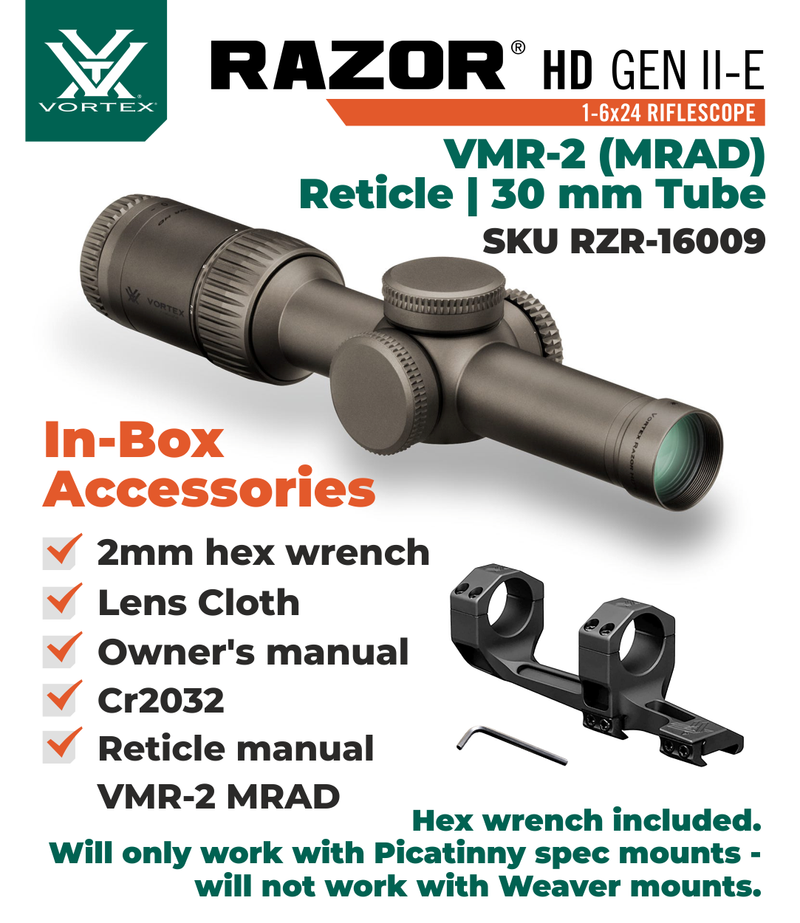 Vortex Optics Razor HD Gen II-E 1-6x24 VMR-2 (MOA/MRAD) Reticle, 30 mm Tube with Rings and