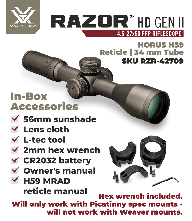 Vortex Optics Razor HD Gen II 4.5-27x56 FFP Riflescope HORUS H59, 34mm Tube with Free Hat Bundle