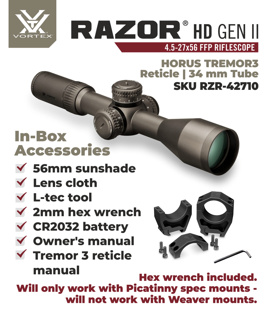 Vortex Optics Razor HD Gen II 4.5-27x56 FFP Riflescope HORUS TREMOR3 R ...
