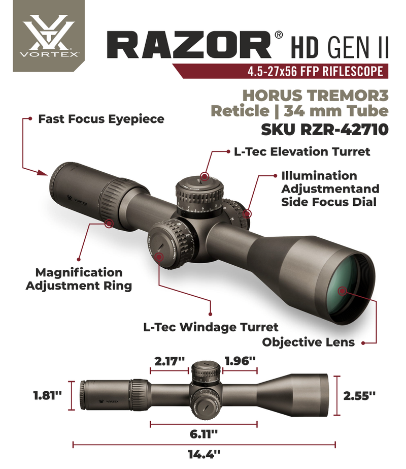 Vortex Optics Razor HD Gen II 4.5-27x56 FFP Riflescope HORUS TREMOR3 Reticle with Rings Bundle