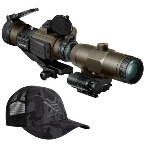 Vortex Optics StrikeFire II Red Dot LED (FDE, Customized) with Vortex VMX-3T Magnifier w/ built in flip mount (FDE, Customized) and Hat Bundle