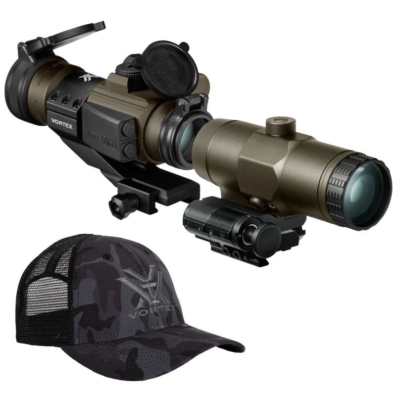 Vortex StrikeFire II Red/Green Dot scope with Vortex VMX-3T Magnifier | built in flip mount and Hat Bundle, FDE