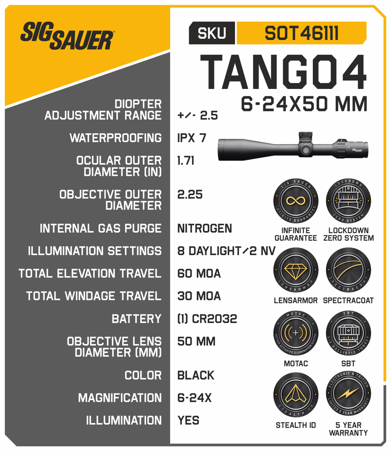Sig Sauer Tango4 6-24x50 30mm Riflescope, FFP, MOA Milling Illuminated Reticle, Black