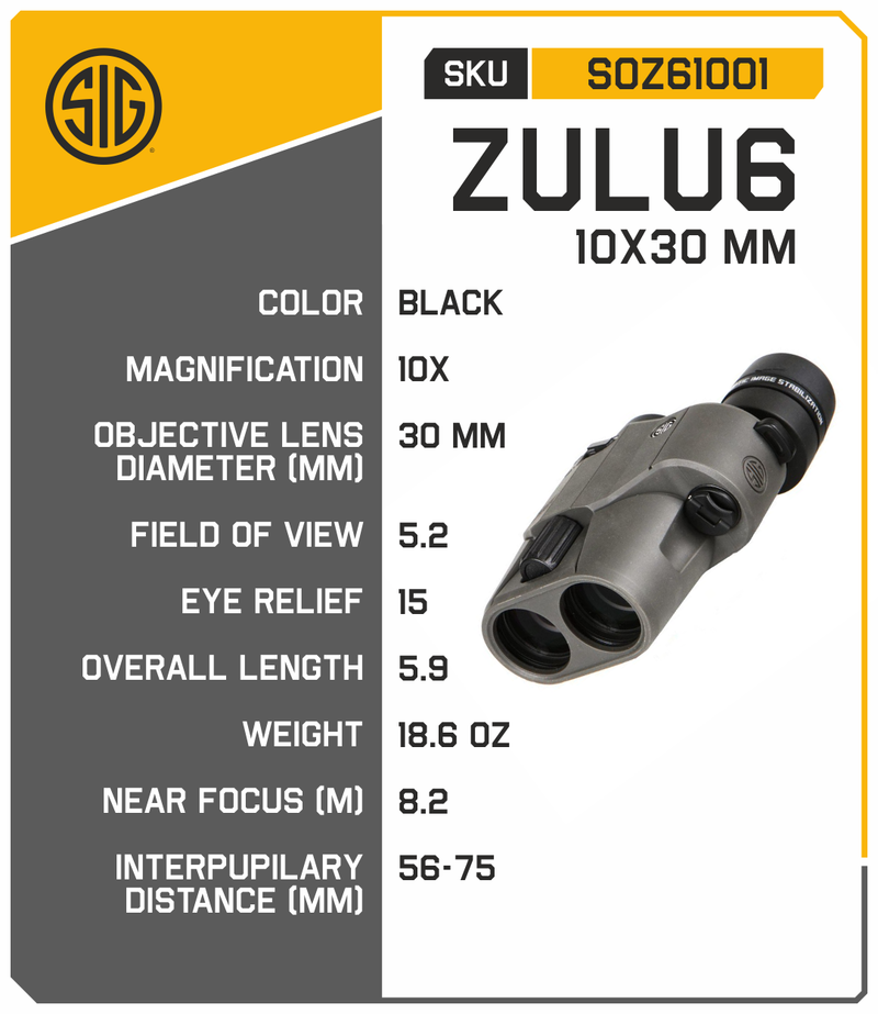 Sig Sauer Zulu6 10x30mm, Schmidt-Pechan, Image Stabilized, Graphite Binocular with Hat