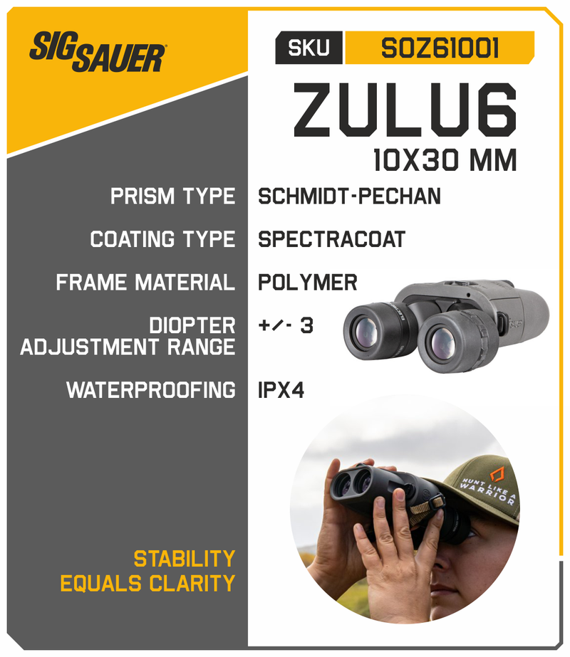 Sig Sauer Zulu6 10x30mm, Schmidt-Pechan, Image Stabilized, Graphite Binocular with Hat