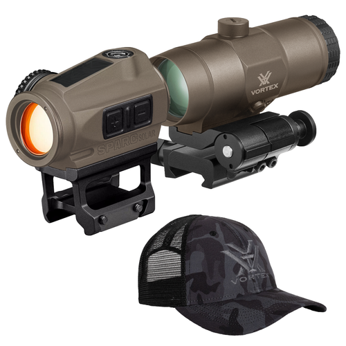 Vortex Optics SPARC Solar Red Dot 2 MOA, FDE (Customized) with Vortex VMX-3T Magnifier with built in flip mount and Hat Bundle, FDE