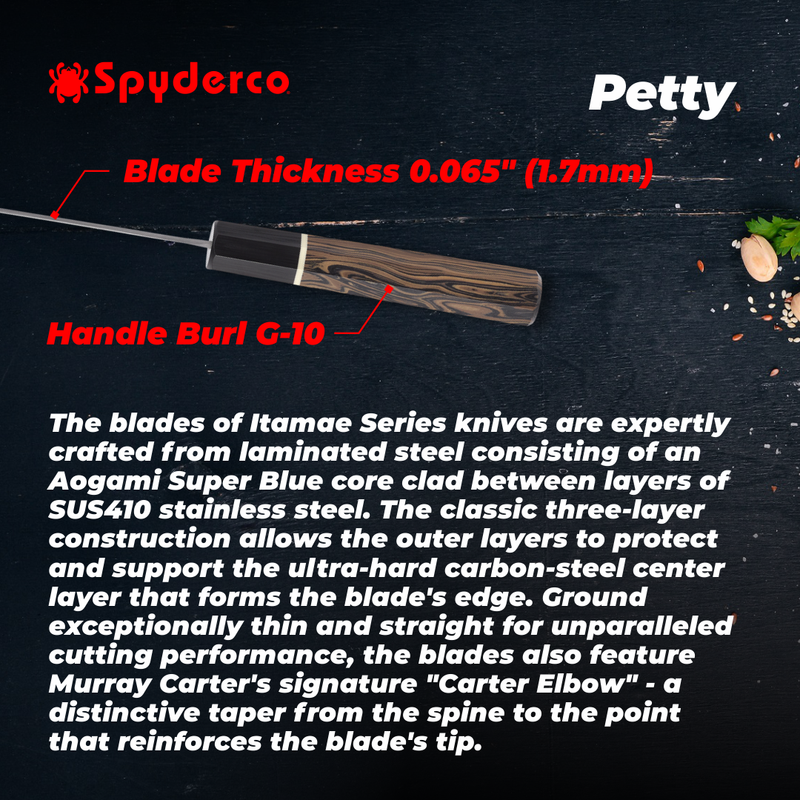 Spyderco K15GPBNBK Carter Itamae Petty Super Blue/SUS410 Burl G10 Kitchen Knife