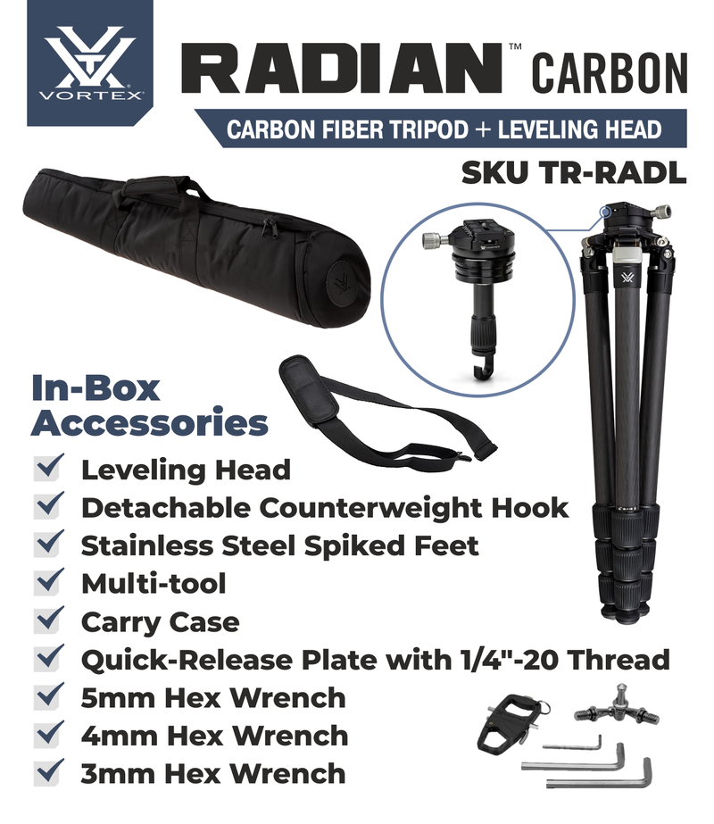 Vortex Optics Radian Carbon Tripod Kit with Leveling Head with Free Hat Bundle