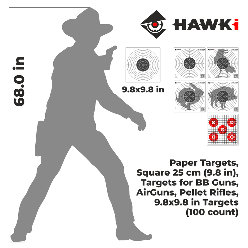 Hawki Paper Target Shooting Targets, Square 9.8x9.8in or 6.7x6.7in, Targets for Airguns/Air Rifles (100 Count)