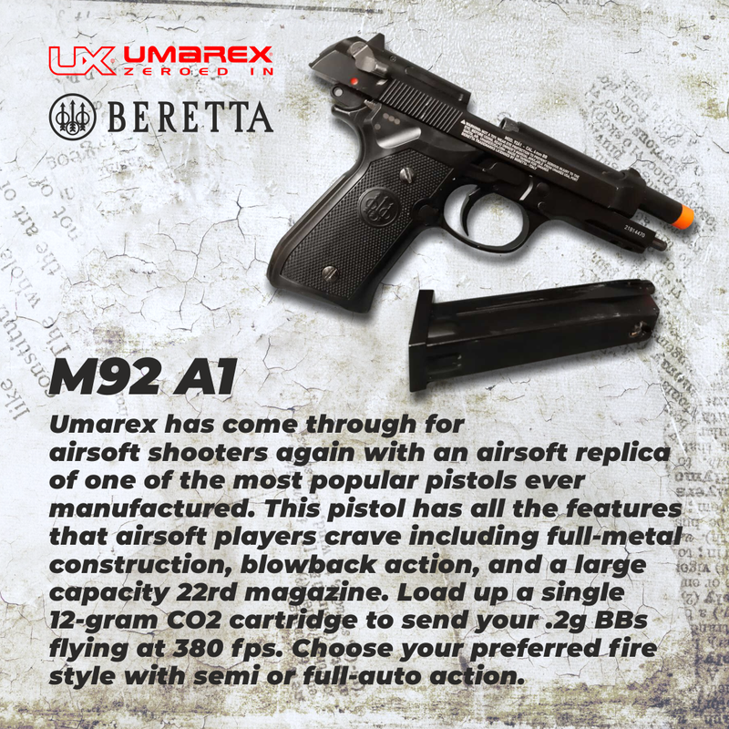 Umarex Beretta M92 A1 CO2 Blowback Auto/Semi CO2 6mm Airsoft Pistol with Included Extra Extended 42rd Mag and CO2 12 Gram (5 Pack) and Pack of 1000ct BBs Bundle