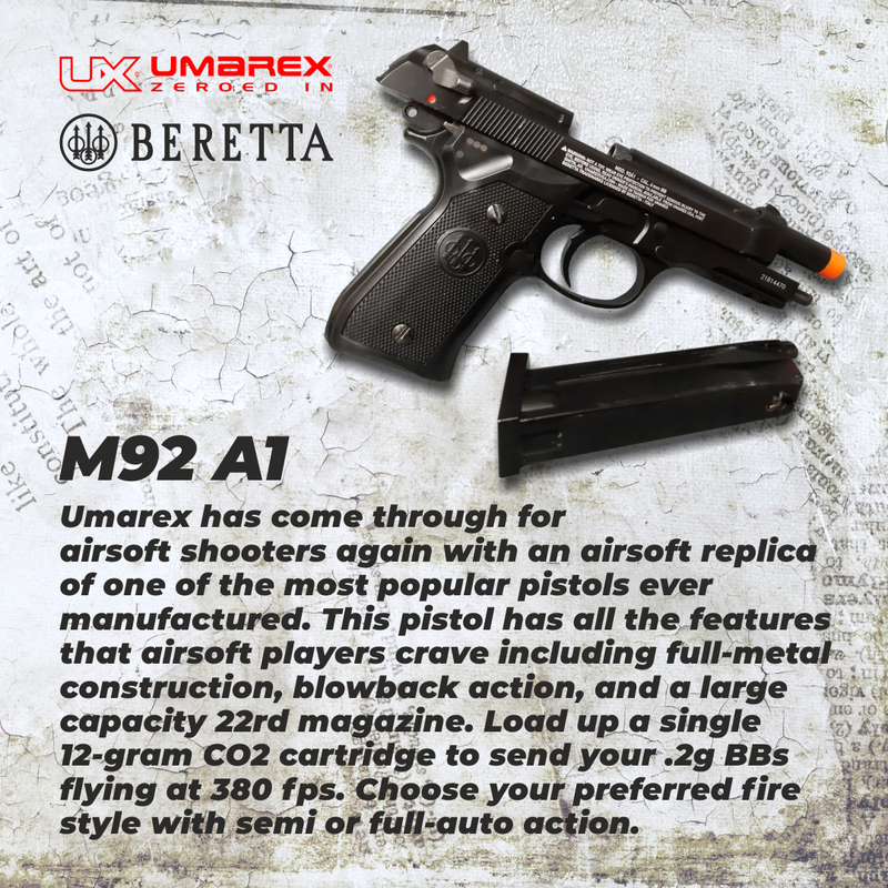 Umarex Beretta M92 A1 Co2 Blowback - Auto/Semi Airsoft Pistol with Included 5x12 Gram CO2 Tanks and Wearable4U Pack of 1000 6mm 0.20g BBS Bundle