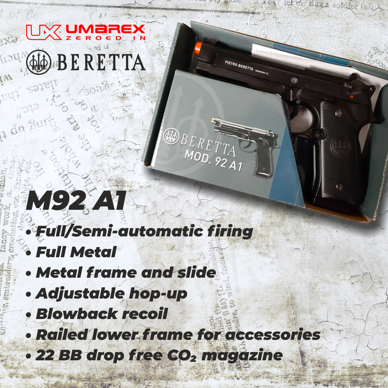 Umarex Beretta M92 A1 CO2 Blowback Auto/Semi CO2 6mm Airsoft Pistol with Included Extra Extended 42rd Mag and CO2 12 Gram (5 Pack) and Pack of 1000ct BBs Bundle