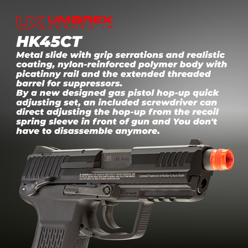 Umarex Elite Force H&K 45CT GBB(VFC) Airsoft Pistol Green Gas BB Air Soft Gun with Elite Force Airsoft Green Gas Can and Extra Mag and Wearable4U Pack of 1000 6mm 0.20g BBs Bundle (Black)