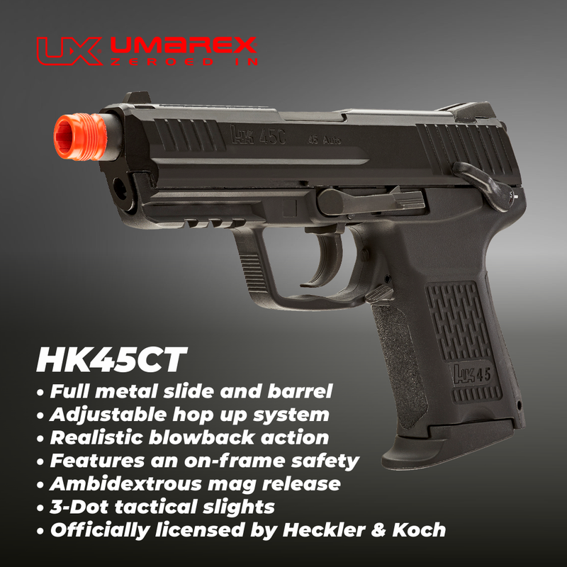 Umarex Elite Force H&K 45CT GBB(VFC) Airsoft Pistol Green Gas BB Air Soft Gun with Elite Force Airsoft Green Gas Can and Extra Mag and Wearable4U Pack of 1000 6mm 0.20g BBs Bundle (Black)