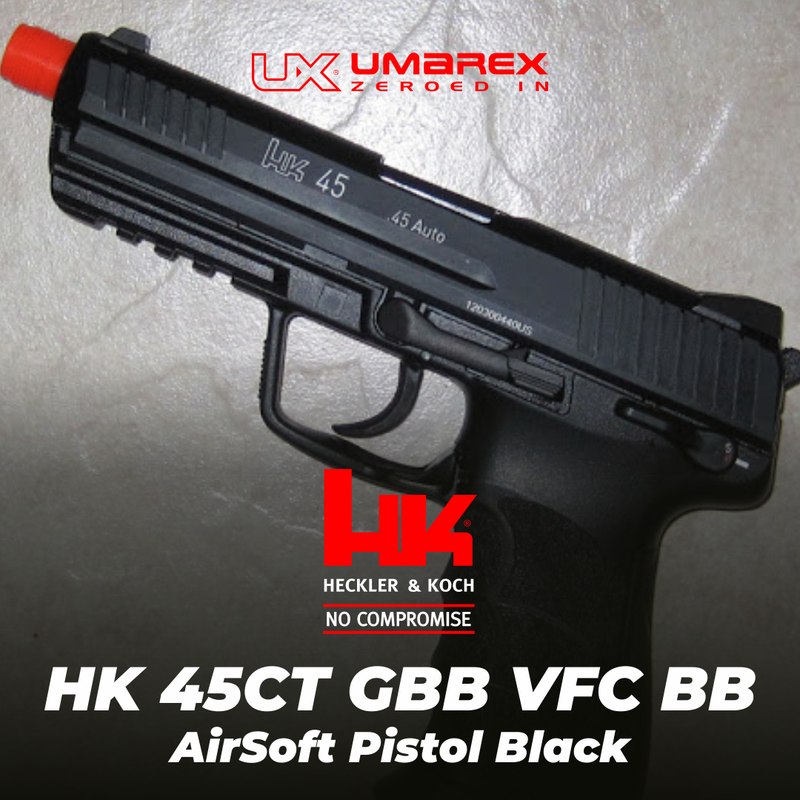 Umarex Elite Force H&K 45CT GBB(VFC) Airsoft Pistol Green Gas BB Air Soft Gun with Elite Force Airsoft Green Gas Can and Extra Mag and Wearable4U Pack of 1000 6mm 0.20g BBs Bundle (Black)