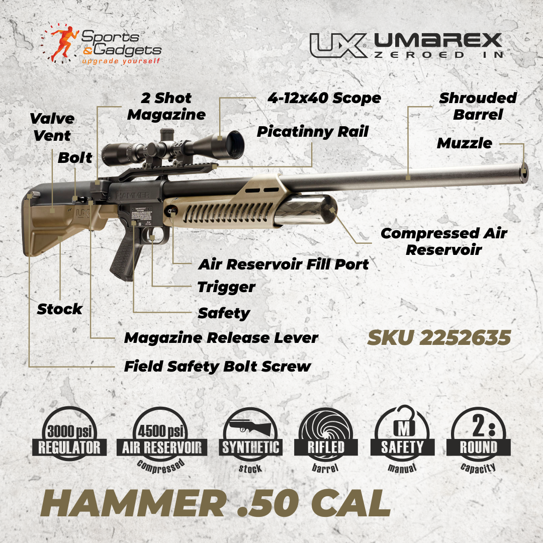  Umarex Hammer 0.50 Cal PCP Pellet caza rifle de aire con  alcance 4-12x40, juego de anillos (altura baja, 0.63 pulgadas) y paquete  Wearable4U : Deportes y Actividades al Aire Libre