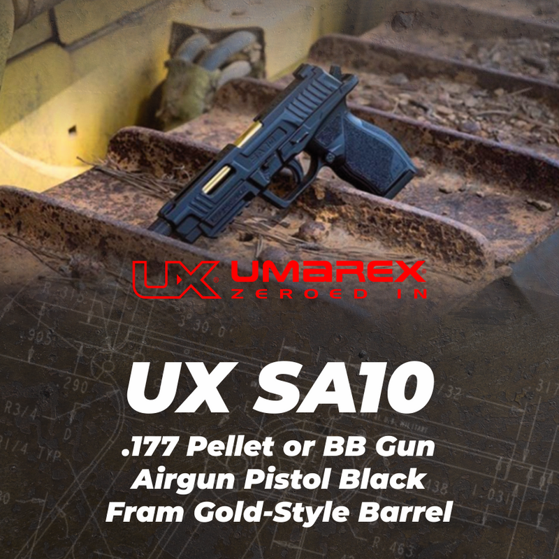 Umarex UX SA10 .177 Pellet or BB Gun Airgun Pistol Black Fram Gold-Style Barrel with Wearable4U 5x CO2 Tanks and 1500x .177 BBs Bundle