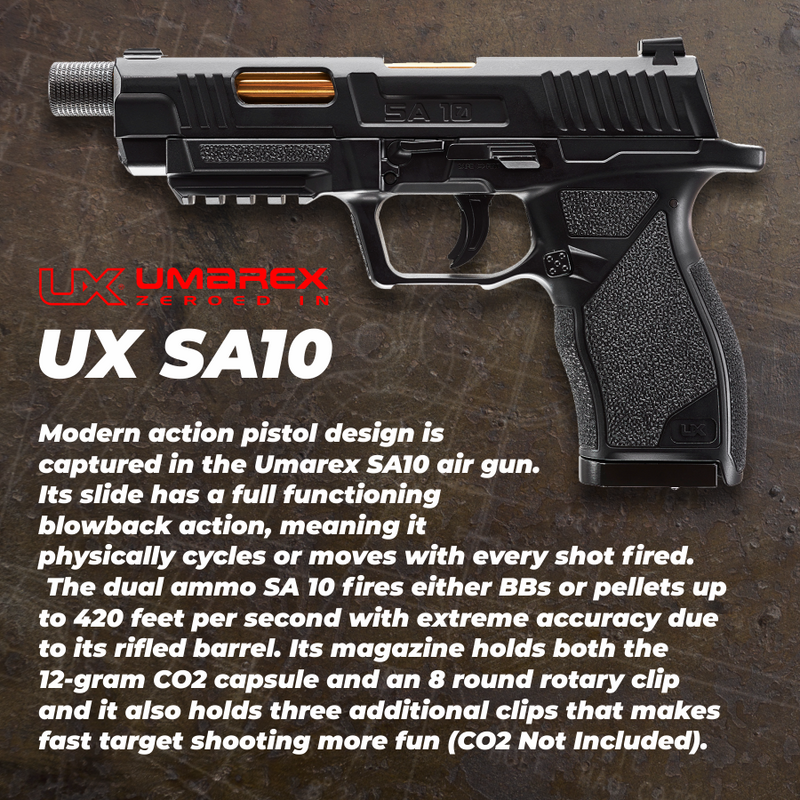 Umarex UX SA10 .177 Pellet or BB Gun Airgun Pistol Black Fram Gold-Style Barrel with Wearable4U 5x CO2 Tanks and 1500x .177 BBs Bundle