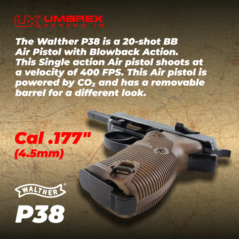 Umarex Walther P38 CO2 BB .177 Cal Blowback Air Pistol with 5x 12g CO2 Tanks and Extra Mag and Wearable4U Pack of 1500 6mm BBs Bundle