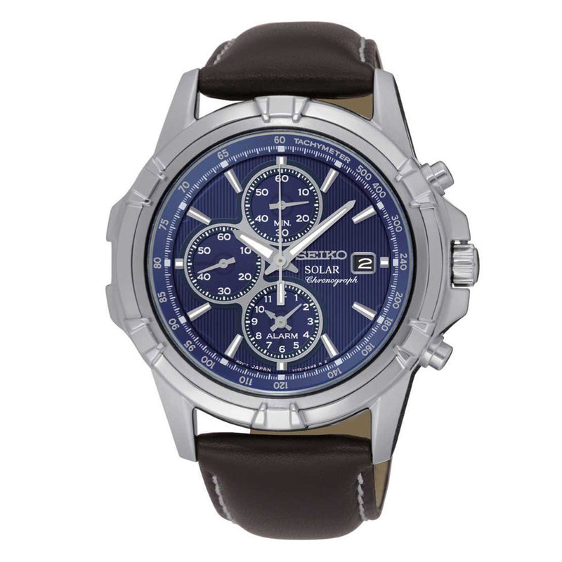 Seiko Core Solar Chronograph Quartz Stainless Steel and Leather Dress Men's Watch SSC455