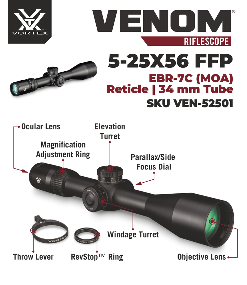 Vortex Optics Venom 5-25x56 FFP EBR-7C MOA with Vortex Precision Rings Set Bundle