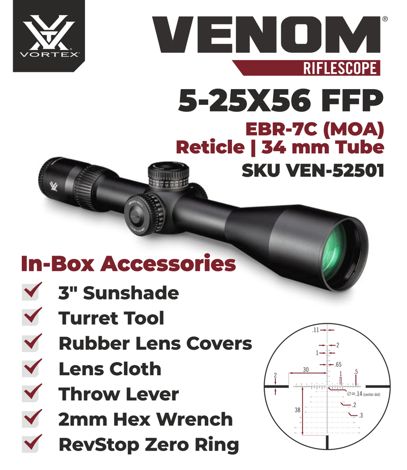 Vortex Optics Venom 5-25x56 FFP EBR-7C MOA with Vortex Precision Rings Set Bundle