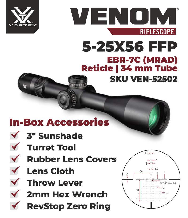 Vortex Optics Venom 5-25x56 FFP EBR-7C MRAD with Vortex Precision Rings Set Bundle