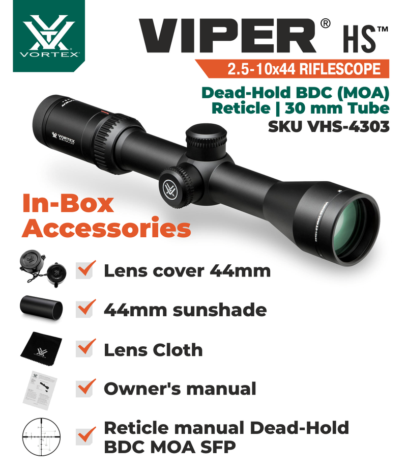 Vortex Optics Viper HS 2.5-10x44 Second Focal Plane BDC (MOA) Reticle, 30 mm Tube Riflescope with Wearable4U Bundle