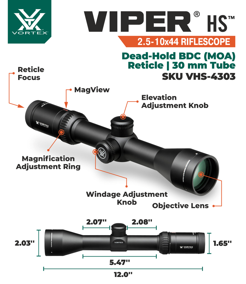 Vortex Optics Viper HS 2.5-10x44 Second Focal Plane BDC (MOA) Reticle, 30 mm Tube Riflescope with Wearable4U Bundle