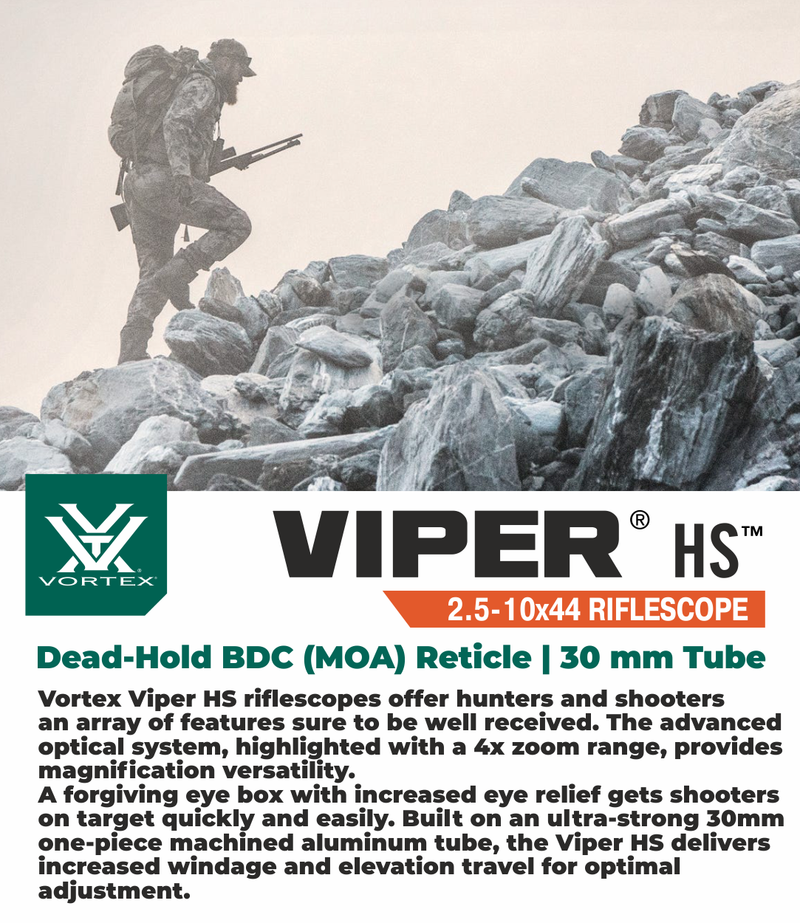 Vortex Optics Viper HS 2.5-10x44 Second Focal Plane BDC (MOA) Reticle, 30 mm Tube Riflescope with Pro 30mm High Rings (1.18in) and Free Hat Bundle