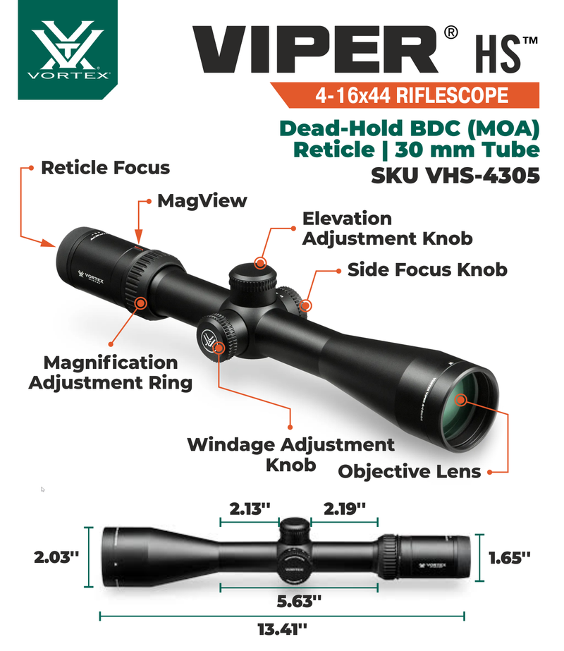 Vortex Optics Viper HS 4-16x44 Dead-Hold BDC MOA 30 mm Tube SFP Riflescope with Hat