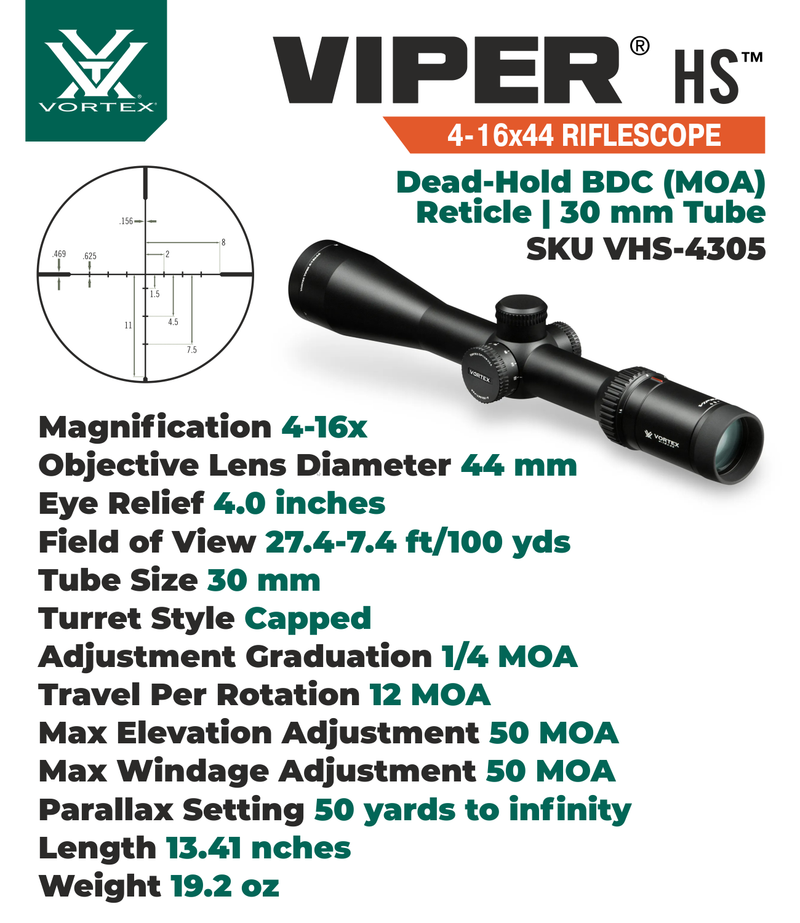 Vortex Optics Viper HS 4-16x44 Dead-Hold BDC MOA 30 mm Tube SFP Riflescope with Hat