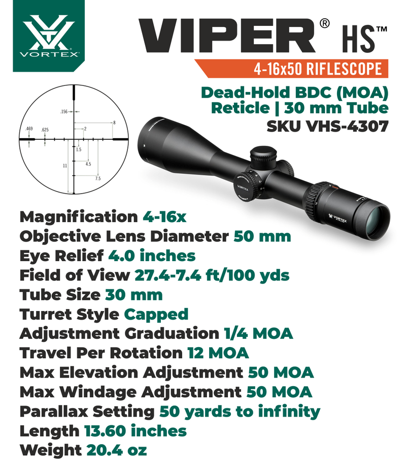 Vortex Optics Viper HS 4-16x50 Riflescope BDC (MOA) Reticle, 30 mm Tube with Pro 30mm High Rings (1.18in) and Free Hat Bundle