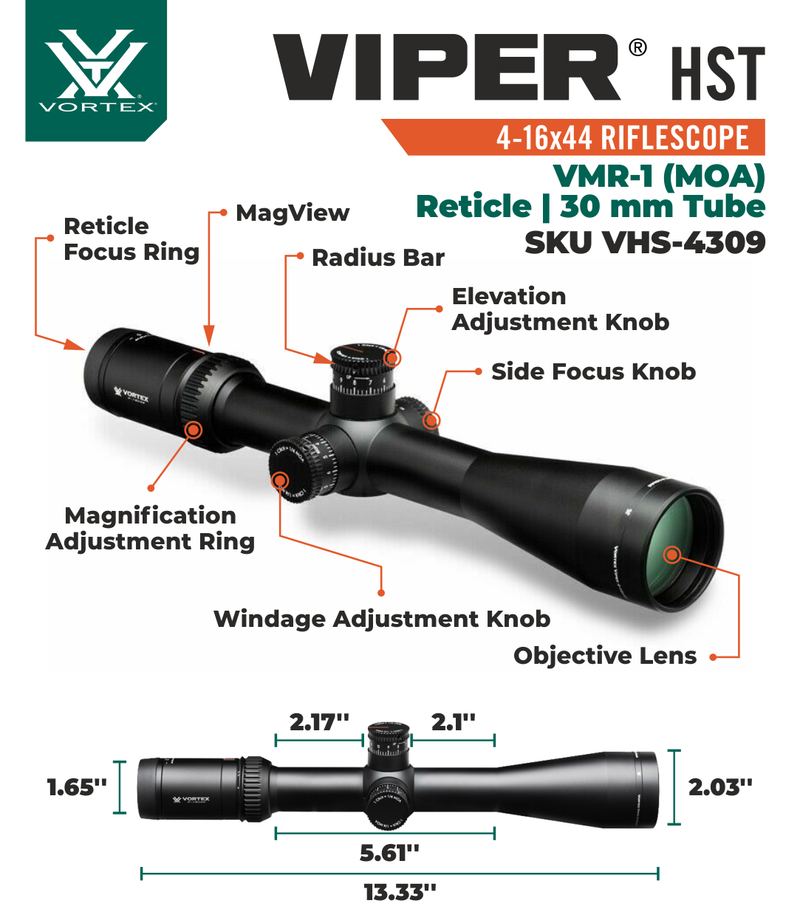 Vortex Optics Viper HST 4-16x44 VMR-1 MOA, 30 mm Tube Riflescope with Pro 30mm High Rings (1.18in) and Free Hat Bundle