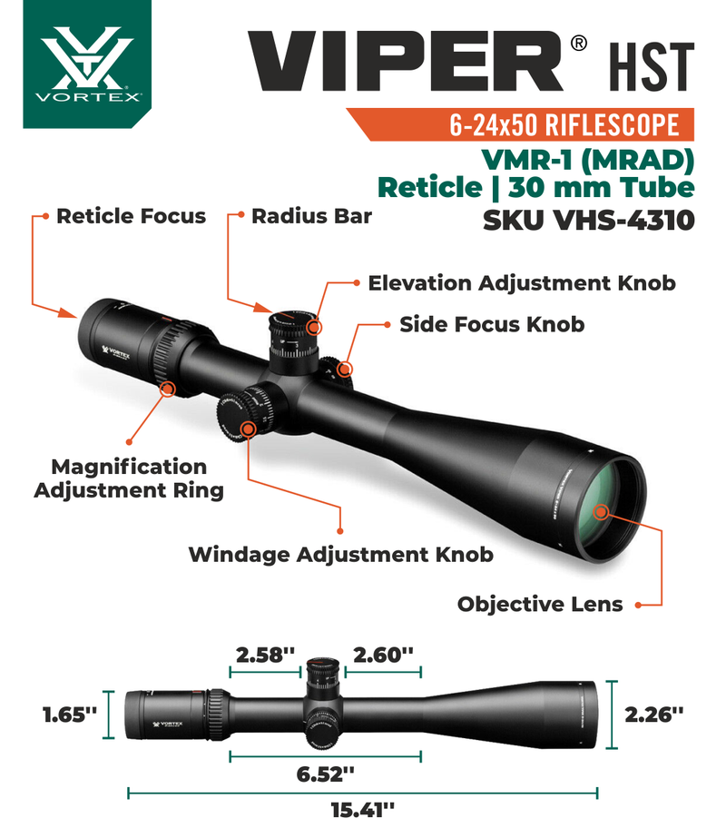 Vortex Optics Viper HST 6-24x50 VMR-1 MRAD Riflescope with Wearable4U Bundle