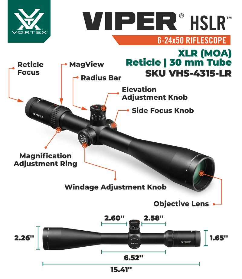 Vortex Optics Viper HSLR 6-24X50 XLR (MOA) Reticle First Focal Plane Riflescope, 30 mm Tube with Wearable4U Bundle