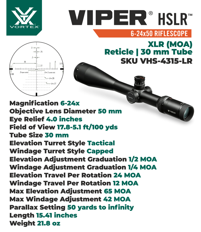 Vortex Optics Viper HSLR 6-24X50 XLR (MOA) Reticle First Focal Plane Riflescope, 30 mm Tube with Pro 30mm High Rings (1.18in) and Free Hat Bundle