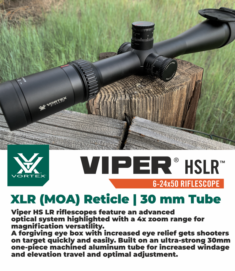Vortex Optics Viper HSLR 6-24X50 XLR (MOA) Reticle First Focal Plane Riflescope, 30 mm Tube with Pro 30mm High Rings (1.18in) and Free Hat Bundle