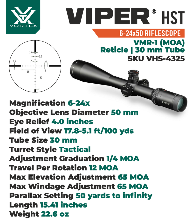 Vortex Optics Viper HST 6-24x50 VMR-1 (MOA) Reticle, 30 mm Tube SFP Riflescope with Pro 30mm High Rings (1.18in) and Free Hat Bundle