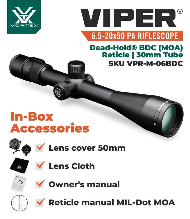 Vortex Optics Viper 6.5-20x50 BDC Riflescope with Free High Pro Rings and Hat Bundle