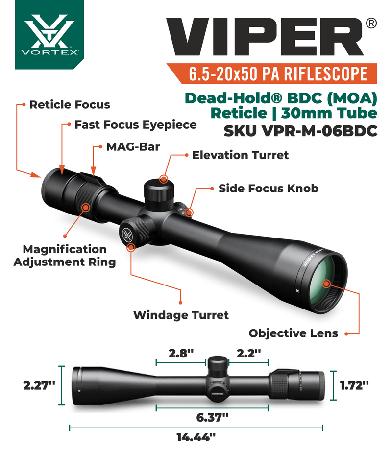 Vortex Optics Viper 6.5-20x50 BDC Riflescope with Free High Pro Rings and Hat Bundle