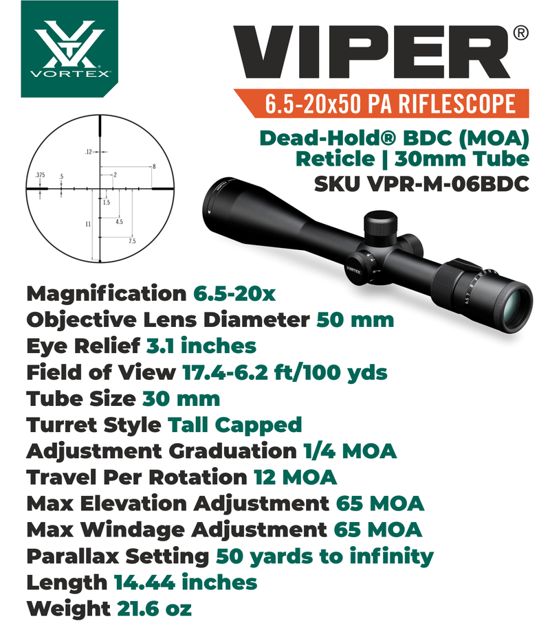 Vortex Optics Viper 6.5-20x50 BDC Riflescope with Free High Pro Rings and Hat Bundle