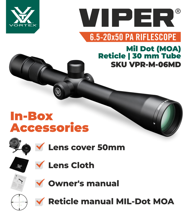 Vortex Optics Viper 6.5-20x50 PA SFP Riflescope Mil-Dot MOA, 30mm Tube with Wearable4U Bundle